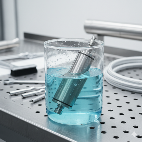 Industrial spray nozzle submerged in a container of cleaning solution during the soaking process, used to remove buildup and extend nozzle life.
