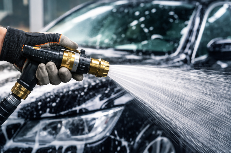 High pressure car wash nozzle spraying controlled fan pattern on vehicle, lifting dirt safely without damaging paint or trim
