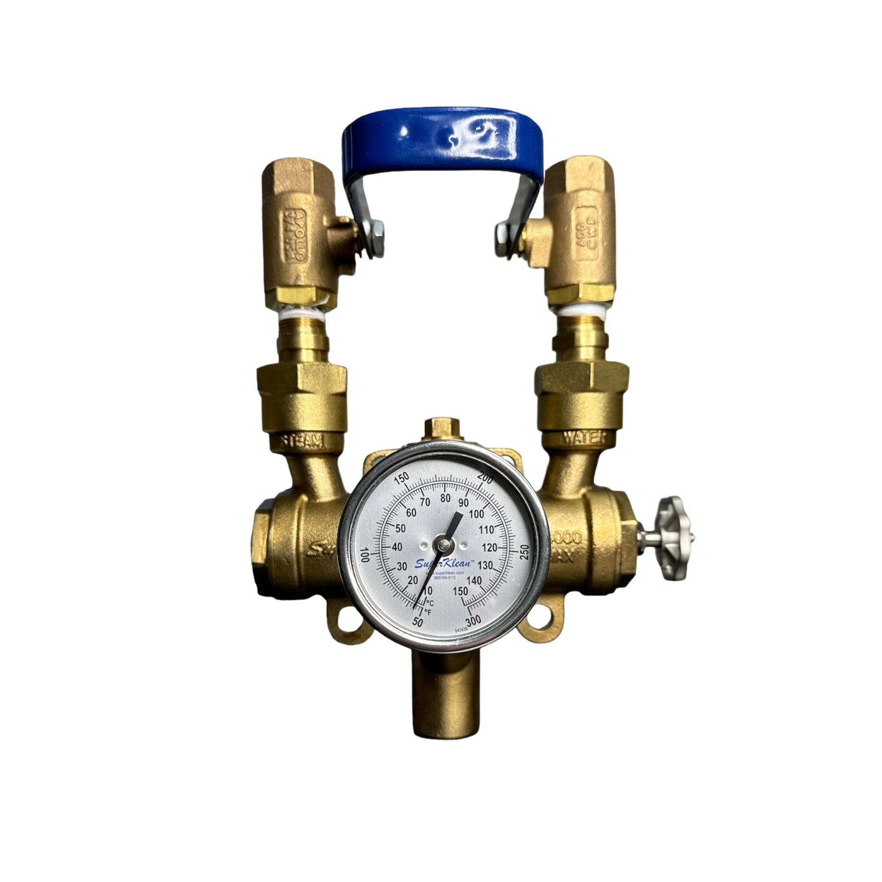 8000BM - B - T Steam & cold water mixing station, bronze, includes 2 ball valves, 2 check valves, all stainless steel hose rack, stainless steel mounting plate, adjustable angle temperature gauge, bolts & washers - NozzlePro