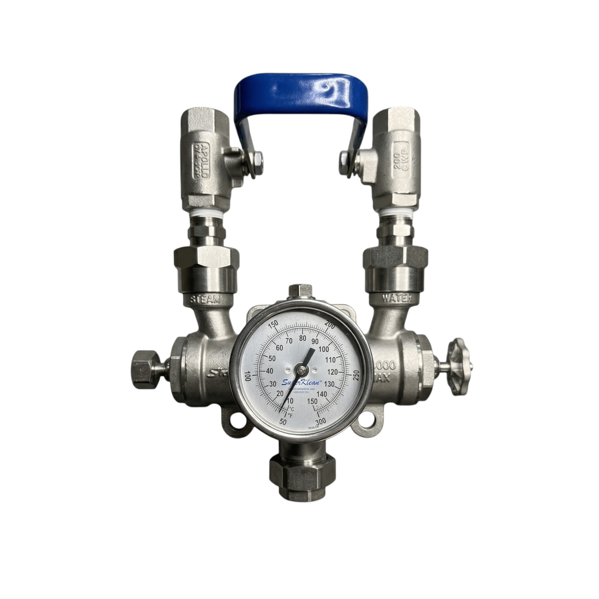 8000BM - S Steam & cold water mixing station, stainless steel, includes 2 ball valves, 2 check valves, all stainless steel hose rack, stainless steel mounting plate, bolts & washers - NozzlePro