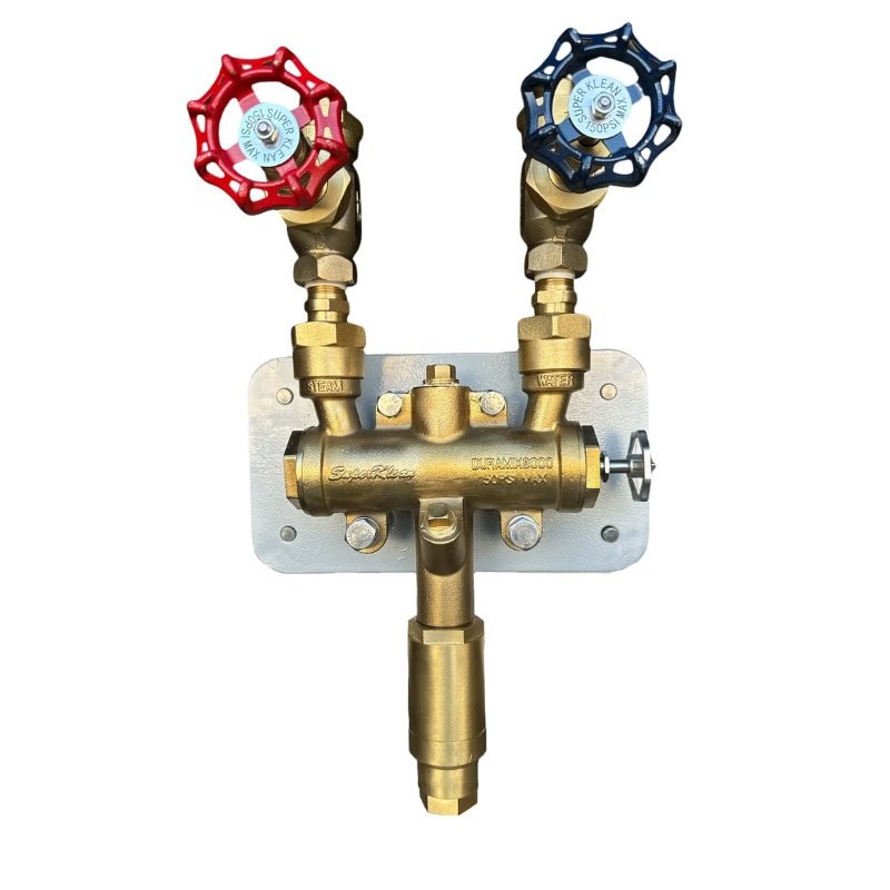 8000T - BM - B Thermostatic temperature - limiting Steam & cold water mixing station, bronze, includes 2 ball valves, 2 check valves, all stainless steel hose rack, stainless steel mounting plate, bolts & washers - NozzlePro